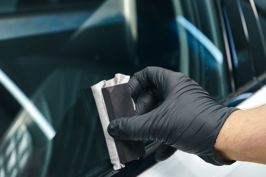 Hand mit schwarzem Handschuh wischt mit einem weißen Tuch eine Autoscheibe